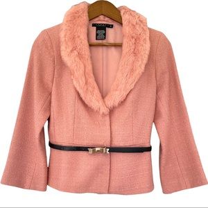 Laundry By Shelli Segal Pink Tweed Rabbit Fur Jacket Vintage 90s Women’s Size 6